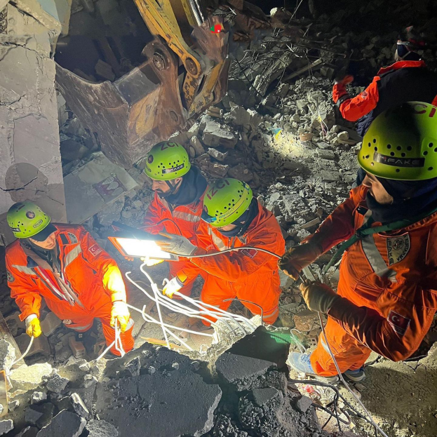 Eine Gruppe von Menschen in orangefarbener Uniform und grünen Helmen bei der Arbeit an Schutt mit einem Kran im Hintergrund, mit Rettungsgeräten und Materialien.