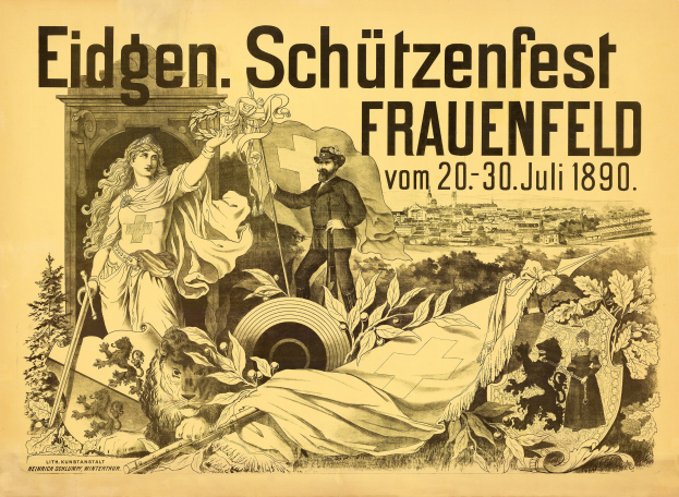 Plakat für das Eidgen├Âssische Schützenfest in Frauenfeld, Deutschland, das einen Mann in einem Anzug und eine Frau in einem Kleid mit Veranstaltungstext zeigt.