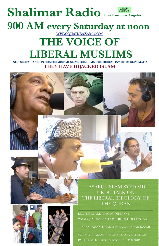 Plakat, das "Die Stimme der liberalen Muslime"-Radioshow bewirbt, zeigt Bilder von Menschen mit Kopfhörern und Mikrofonen in einem Gespräch.