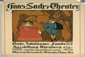 Plakat für das Hans-Sachs-Theater in München, Deutschland, das einen formell gekleideten Mann und eine Frau nebeneinander vor einem tiefblauen Hintergrund mit Sternen zeigt.
