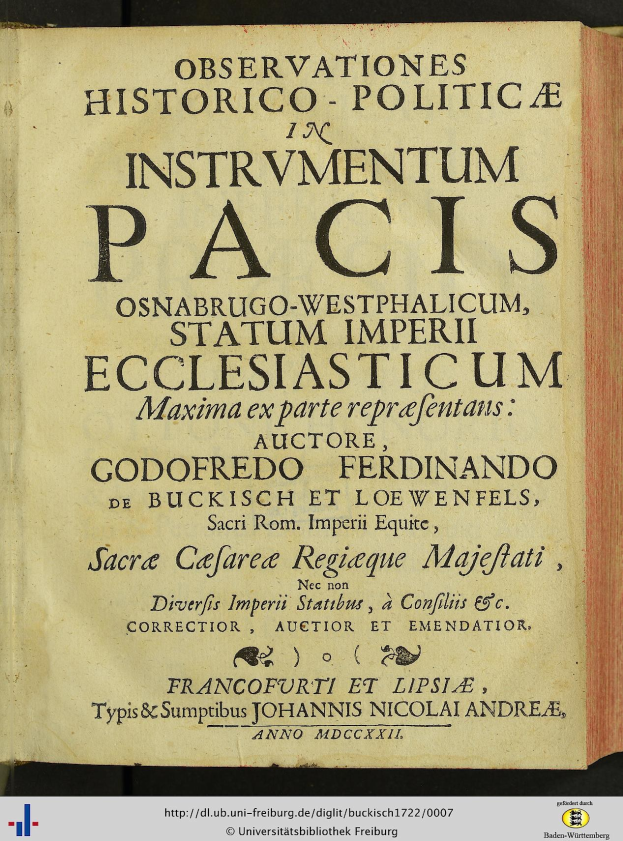 Altes Buch mit dem Titel "Beobachtungen Historico-Politica in Instrumentum Pacis" aufgeschlagen mit schwarzer Tinte und einem dekorativen Rand.