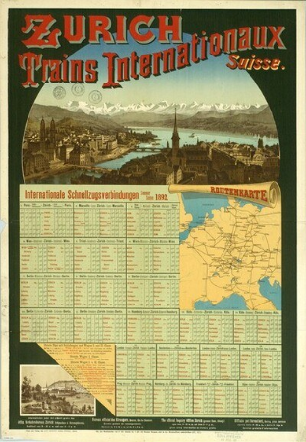Plakat zur Werbung für die Zürcher S-Bahn Internationalaux in der Schweiz, das eine Stadtkarte mit Gebäuden, Wasser und Bergen im Hintergrund und Text zeigt.