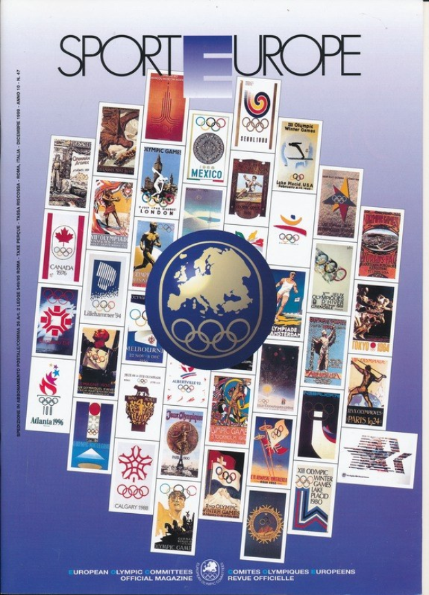Ein Buchumschlag mit dem Titel "Sport in Europa" mit leuchtenden Bildern und Texten zum Thema Olympische Spiele in Europa, mit fetter weißer Schrift.
