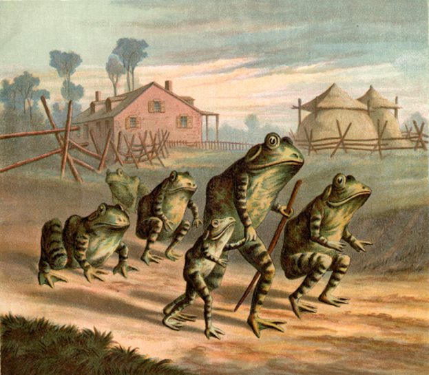 Eine Gruppe von Fröschen, die über eine Schotterstraße gehen, wobei einer einen Stock hält, mit Hütten, einem Haus, Bäumen und einem Himmel im Hintergrund und Gras unten.