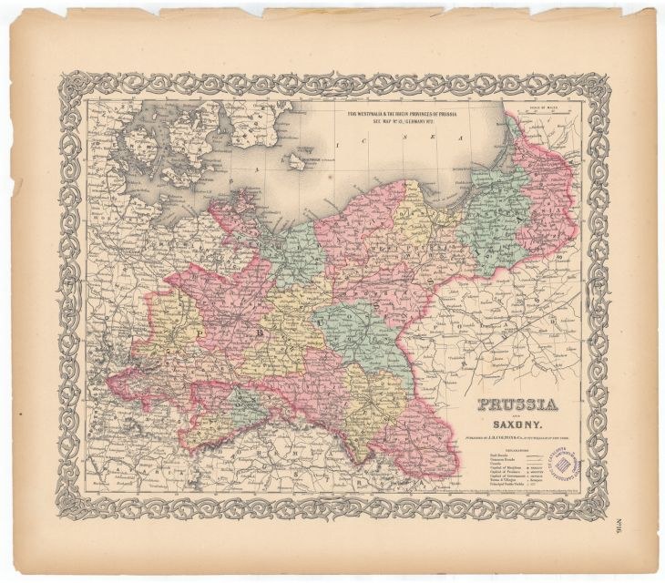 Ein altes Kartenbild von Preußen und Sachsen, das ihre Grenzen zeigt, auf Papier gedruckt.