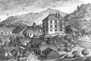 Eine Schwarz-Weiß-Zeichnung einer kleinen Stadt in Bayern im 19. Jahrhundert, die eine zentrale Kirche, umgebende Häuser, Bäume und einen Himmel im Hintergrund zeigt, mit Text unten, der "Bayern im 19. Jahrhundert" lautet.