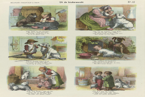 Ein Buchseite mit Kindern in bunter Kleidung und Hunden verschiedener Rassen, mit Kursivtext in einem dekorativen Rahmen.