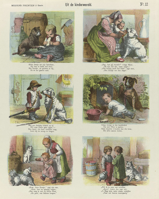 Ein Buchseite mit Kindern in bunter Kleidung und Hunden verschiedener Rassen, mit Kursivtext in einem dekorativen Rahmen.