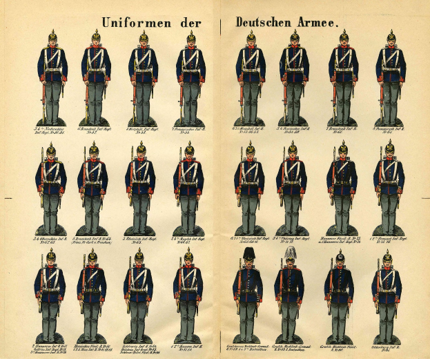 Ein Buch, das ein Raster verschiedener deutscher Armeeuniformen mit unterschiedlichen Farben und Mustern zeigt, begleitet von beschreibendem Text.