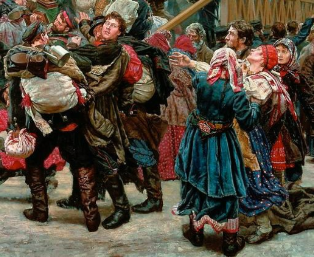 Gemälde von Menschen in traditioneller russischer Kleidung, die vor einer Menge tanzen, einige halten Gegenstände, mit einem Holzhaus im Hintergrund, das eine lebhafte Szene aus der russischen Revolution darstellt.
