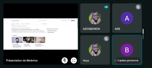 Screenshot einer Yahoo Finance-Webseite mit einer Gruppe von Menschen links, Profilbildern mit Text und Icons rechts und "Yahoo Finance - Pr├Ęsentation de B├ęr├Ęnice" unten.