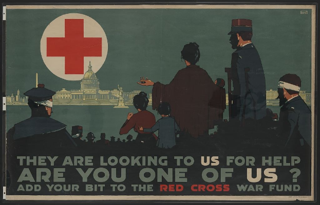 Plakat mit einer Gruppe von Menschen vor einem Gebäude mit einem roten Kreuz, das die Unterstützung des Roten Kreuz-Kriegsfonds mit dem Text "Sie suchen unsere Hilfe, bist du einer von uns? Tragen Sie Ihren Teil zum Roten Kreuz-Kriegsfonds bei."