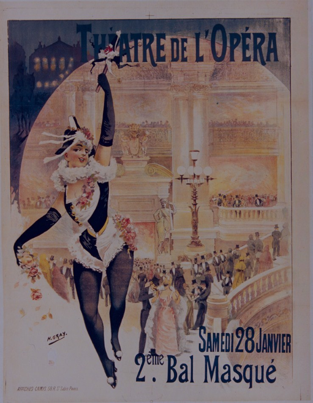 Plakat für das Théâtre de l'Opéra in Paris mit einer zentralen Frau umgeben von einer Menge, Straßen-Elementen und Text.