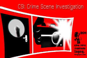 Ein rotes Plakat mit "CSI Crime Scene Investigation" in weißer Fettschrift, das eine Person in einer schwarzen Kapuzenjacke mit entschlossener Miene zeigt, umgeben von einem schwarzen und weißen Rand, vor einem dunklen blauen Hintergrund.