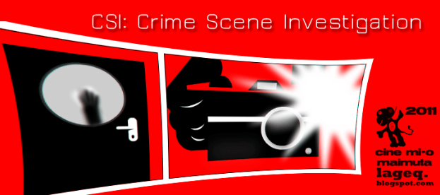Ein rotes Plakat mit "CSI Crime Scene Investigation" in weißer Fettschrift, das eine Person in einer schwarzen Kapuzenjacke mit entschlossener Miene zeigt, umgeben von einem schwarzen und weißen Rand, vor einem dunklen blauen Hintergrund.