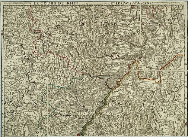 Alte Karte der rheinland-pfälzischen Region Frankreichs mit dem Rheinfluss, auf Papier mit Text oben und unten gedruckt.