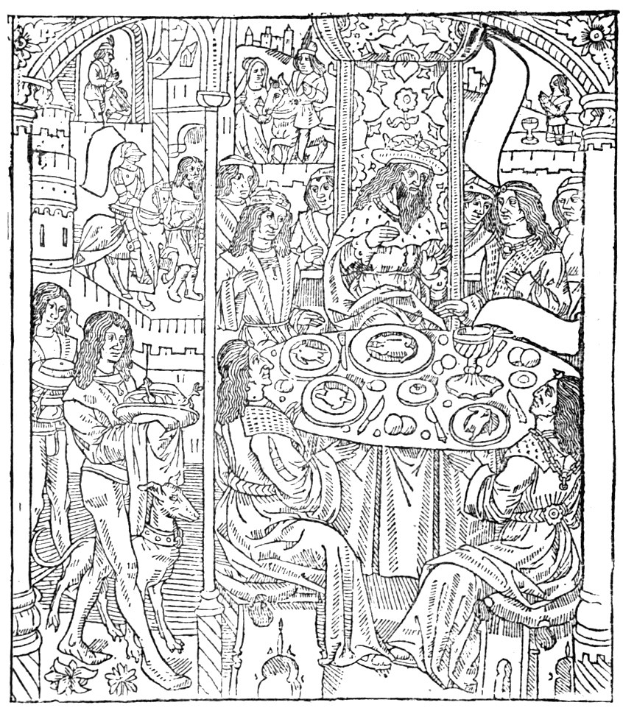 Schwarz-weiß-Illustration eines mittelalterlichen Festmahls mit Menschen an einem Tisch mit Tellern, Speisen und Gegenständen, begleitet von Text unten.