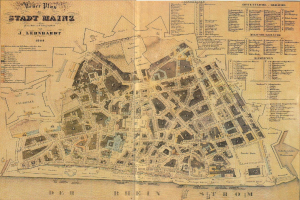 Detaillierte alte Stadtplan von Mainz, Deutschland, zeigt Straßen, Gebäude und Sehenswürdigkeiten auf altem Papier mit Text.