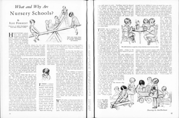 Offenes Buch mit Illustrationen von spielenden Kindern in einer Kita, begleitet von Text und einer Objektliste.