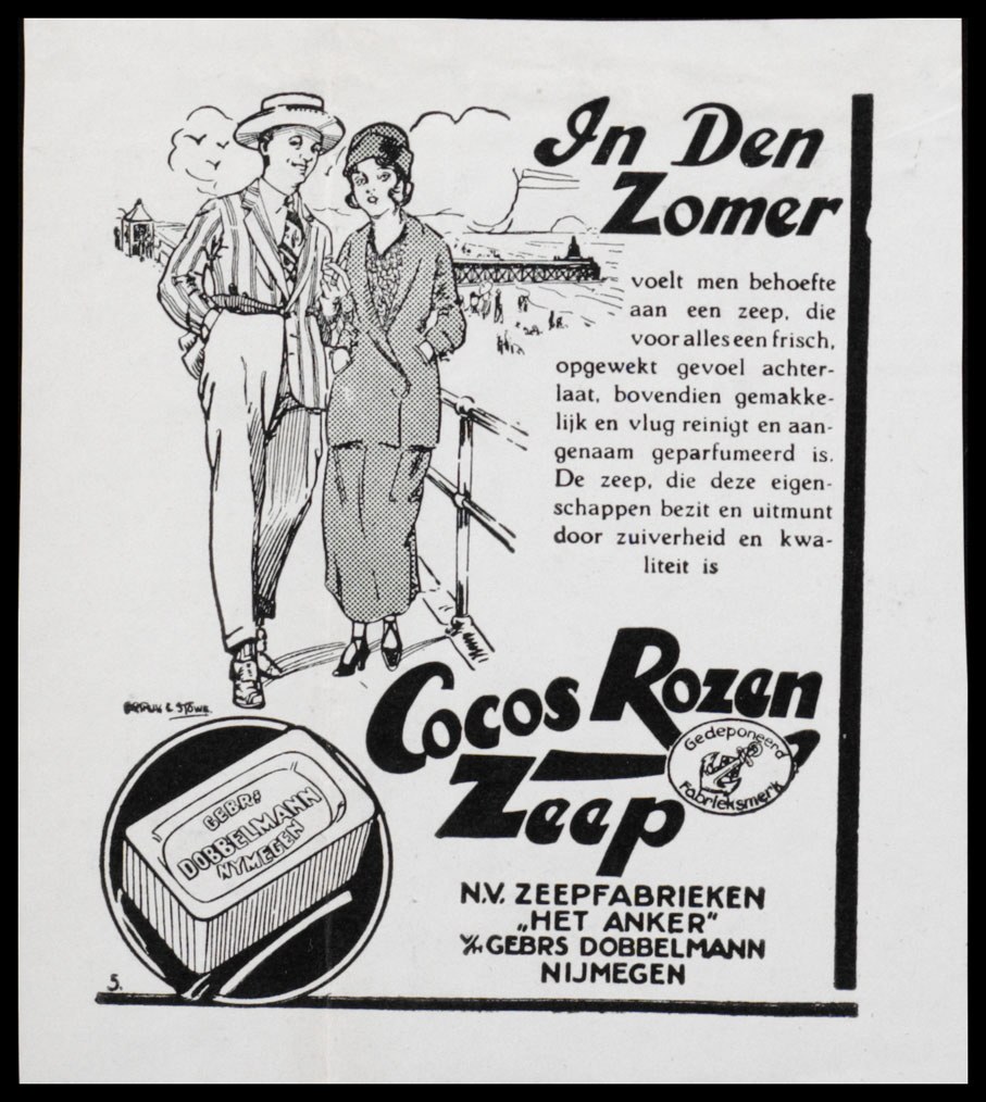 Anzeige für Cocos Rozen Zeap mit einem Mann im Anzug und einer Frau mit einem Produktkarton, mit begleitendem Text.