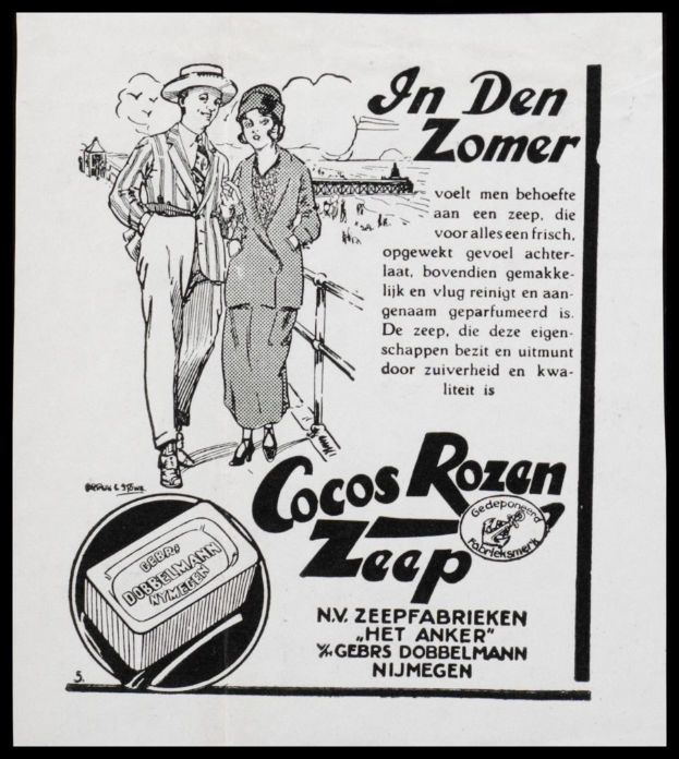 Anzeige für Cocos Rozen Zeap mit einem Mann im Anzug und einer Frau mit einem Produktkarton, mit begleitendem Text.