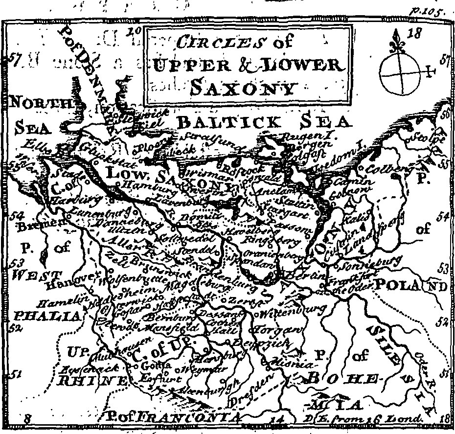 Schwarz-weiß-Karte von Ober- und Niedersachsen mit geografischen Merkmalen wie Flüssen, Bergen und Städten sowie zusätzlichen regionalen Informationen.