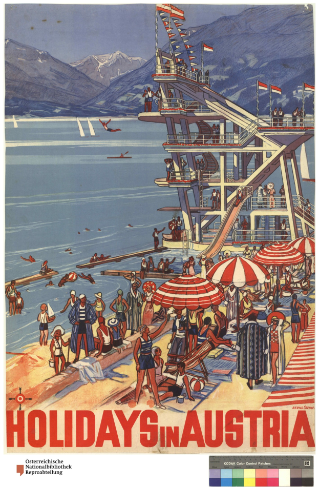 Plakat, das Ferien in Österreich bewirbt, zeigt Menschen am Strand mit Schirmen, ein Schiff im Hintergrund, schwenkende Flaggen und entfernte Berge.
