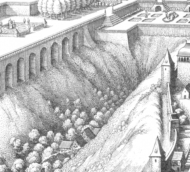 Schwarze und weiße Zeichnung einer Stadt mit einem Fluss, Bäumen, Gebäuden und Menschen, unten mit der Aufschrift "Die Schlacht am Rhein".