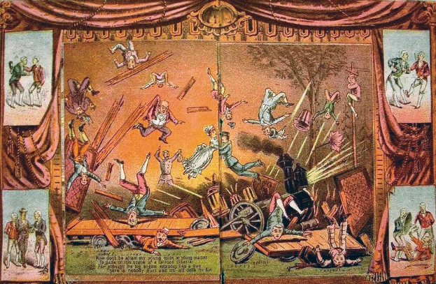 Gemälde einer Zirkusvorstellung mit Künstlern in farbenfrohen Kostümen auf einer Bühne mit Vorhängen und Text unten.