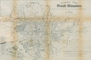 Detailierte alte Stadtplan von Stadt Münster, Deutschland, zeigt Straßen, Gebäude und Sehenswürdigkeiten mit lesbarer Text.