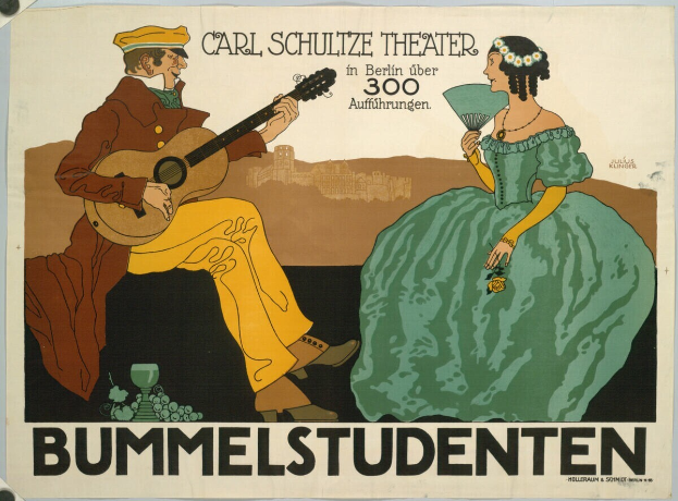 Ein Plakat, das ein Konzert im Carl-Schulze-Theater in Berlin, Deutschland, ankündigt, zeigt einen Mann mit einer Gitarre und eine Frau mit einem Fächer, sowie Text auf dem Plakat.