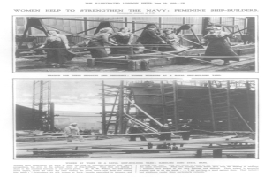 Ein Schwarz-Weiß-Foto einer Gruppe von Frauen, die an einem Schiff arbeiten, umgeben von Metallstangen und anderen Gegenständen, mit Text oben und unten, der lautet "Frauen stärken die Marine Schiffbauerinnen".