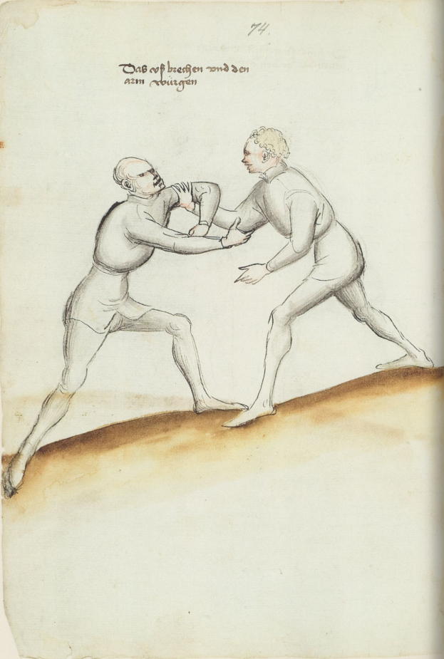 Zwei Männer streiten sich, wobei einer den anderen schlägt und auf einem Papier mit Text steht, der die Szene beschreibt.