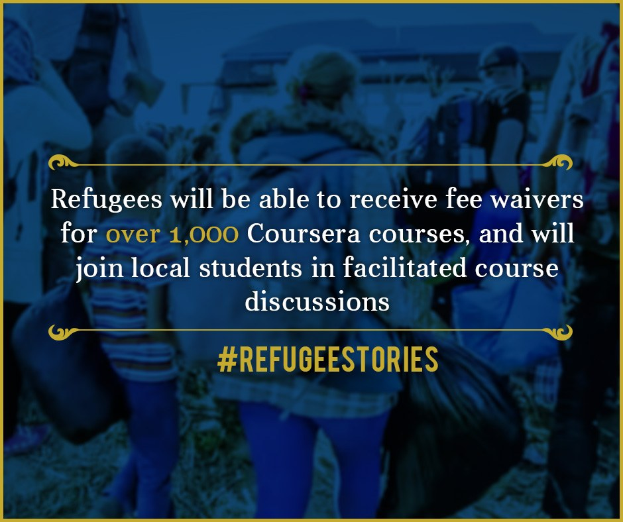Plakattext states refugees can receive fee waivers for over 1,000 Coursera courses and join facilitated discussions with local students; several people in the image, some holding bags, appear to be refugees.