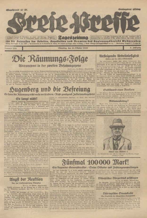 Alte deutsche Zeitung vom 29. September 1929 mit einem Foto eines ernsten Mannes in Anzug und Krawatte auf der Titelseite über der Schlagzeile "Sugenberg und die Defreiung."