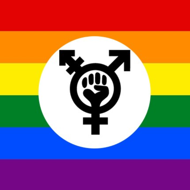 Regenbogenflagge mit männlichen und weiblichen Symbolen in der Mitte, die die Vielfalt der LGBT-Gemeinde symbolisiert.