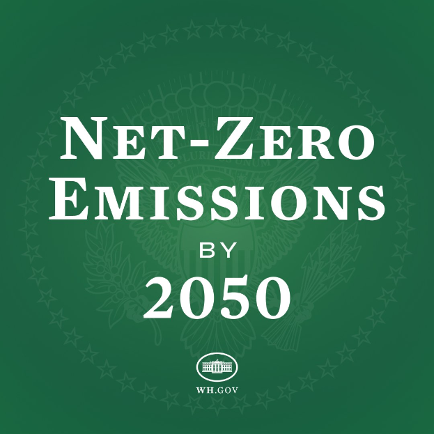 Weißer fetter Text "net-zero Emissionen bis 2050" auf einem festen grünen Hintergrund.