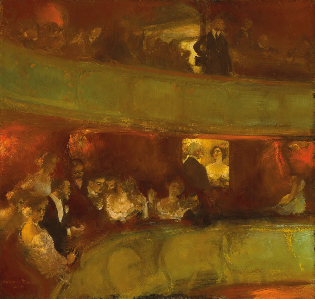 Ein Bild einer vielseitigen Gruppe von Menschen in einem hell erleuchteten Theater, einige stehen, einige sitzen, alle in eleganter Kleidung, die eine lebendige und einladende Atmosphäre schaffen.