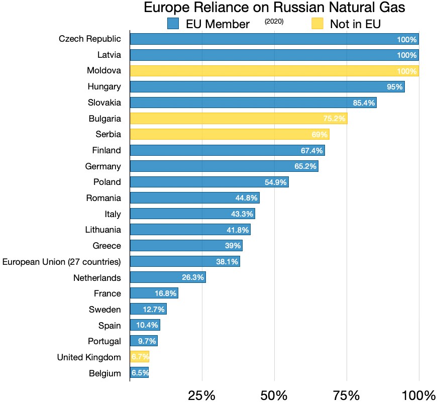 Eine Balkendiagramm, das Europas Abhängigkeit von russischem Erdgas zeigt, mit Prozentangaben und Texten, die die Investitionsniveaus angeben.