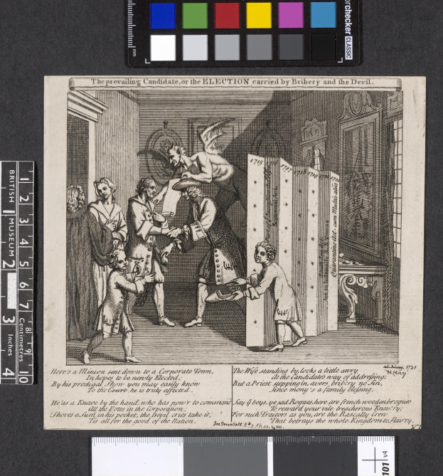 Eine schwarz-weiße Radierung, die eine Gruppe von Menschen in einem Raum zeigt, die sich um ein zentrales Papier mit Text- und Farboptionen am oberen Rand versammelt haben, symbolisiert eine korrupte Wahl.