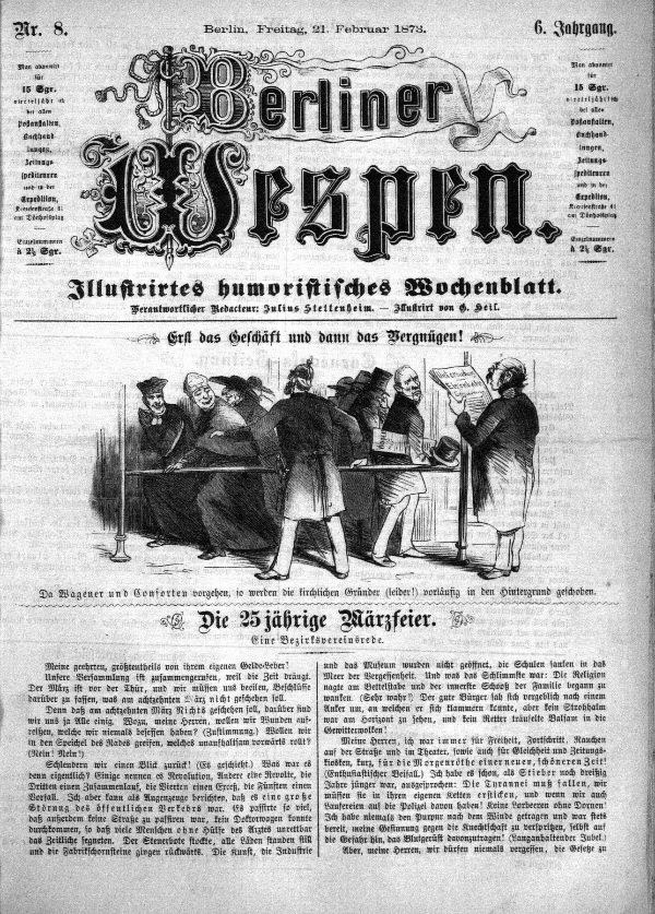 Alte deutsche Zeitung "Berliner Wespen" vom 21. Februar 1873 mit einer Gruppe von Menschen in traditioneller deutscher Tracht, die sich unterhalten, und deutscher Text, der wahrscheinlich das Ereignis beschreibt.