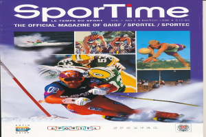 Magazin-Titelbild "Sporttime Magazine - März 1996" mit Bildern von Menschen beim Skifahren und Snowboarden sowie Text und Logos.