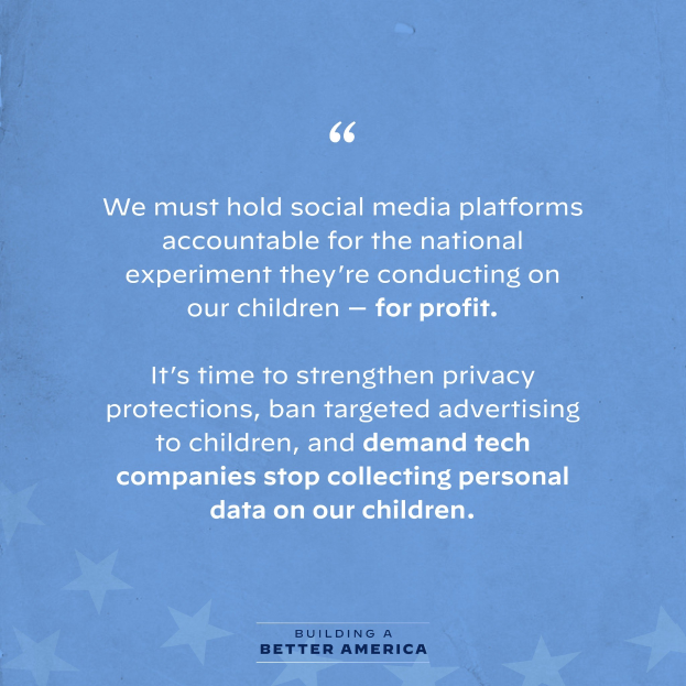 Plakat mit einem Zitat aus Building a Better America, das fordert, dass soziale Medien für das Experiment, das sie an Kindern durchführen, zur Rechenschaft gezogen werden, dekoriert mit Sternen.