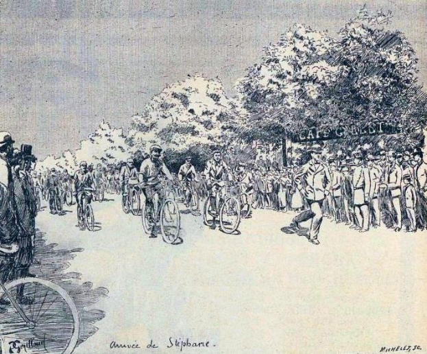 Eine bunte Illustration von Radfahrern, die eine von Bäumen gesäumte Straße hinunterfahren, mit dem Text "Annie de Stipbane - Tour de France" unten.