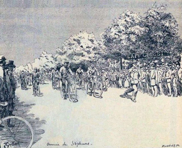 Eine bunte Illustration von Radfahrern, die eine von Bäumen gesäumte Straße hinunterfahren, mit dem Text "Annie de Stipbane - Tour de France" unten.