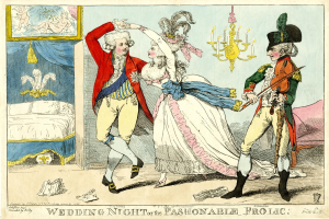 Eine Karikatur eines Mannes und einer Frau, die auf einer Hochzeit tanzen, beleuchtet von einem Kronleuchter, mit einem Bett, einem Wandrahmen und verschiedenen Gegenständen auf dem Boden; unten steht "Hochzeitsnacht oder das Modevergnügen".