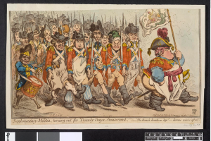 Eine Gruppe von Männern in Militäruniformen marschiert die Straße entlang, einer hält einen Stock in der Hand, mit Text unten: "Zusätzliche Miliz, Ausmarsch für Zwanzig-Tage-Amusement."