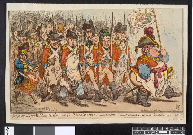 Eine Gruppe von Männern in Militäruniformen marschiert die Straße entlang, einer hält einen Stock in der Hand, mit Text unten: "Zusätzliche Miliz, Ausmarsch für Zwanzig-Tage-Amusement."