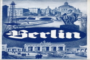 Plakat, das Berlin, Deutschland bewirbt und eine Statue, Gebäude, einen Turm, Menschen, Fahrzeuge auf der Straße und eine Brücke zeigt