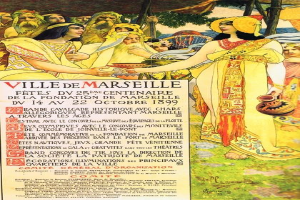 Plakat für ein 1899-Fest in Marseille, Frankreich, das eine Gruppe von Menschen mit Gegenst├Ąnden und B├Ąumen im Hintergrund zeigt, begleitet von Text.